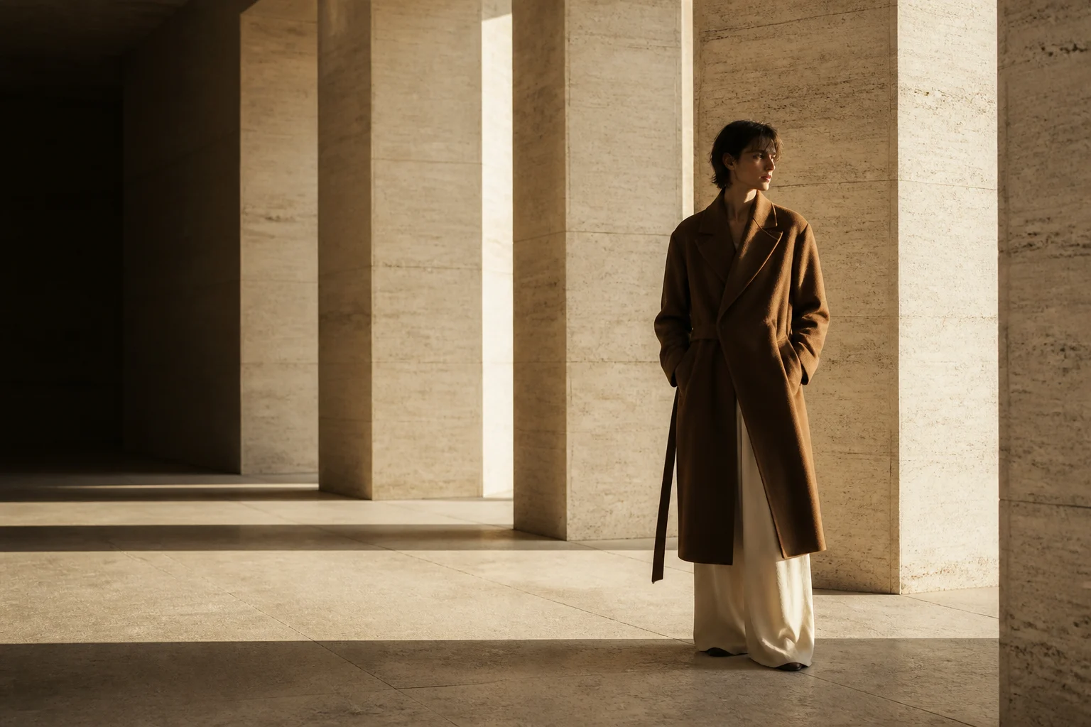A model in a sculptural tobacco coat standing in the afternoon light of a stone colonnade